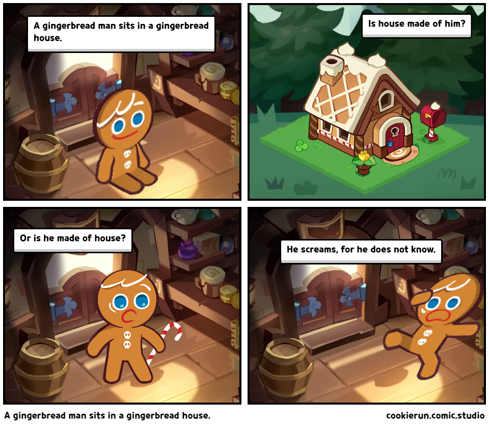 A gingerbread man sits in a gingerbread house.