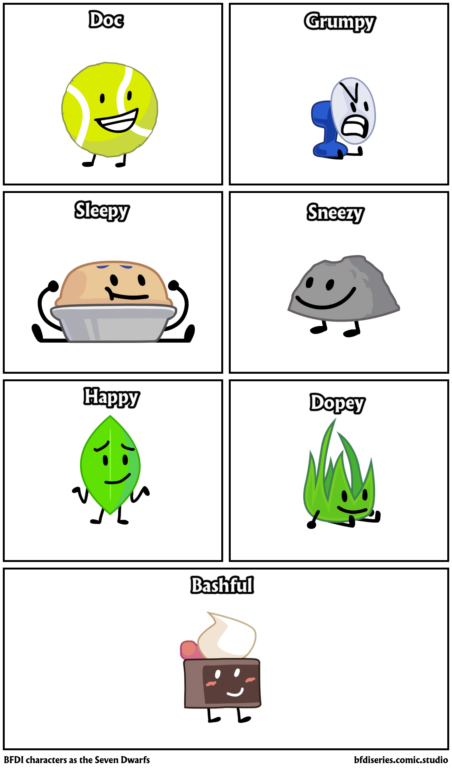 BFDI characters as the Seven Dwarfs