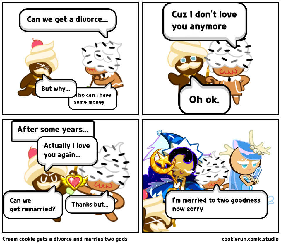 Cream cookie gets a divorce and marries two gods