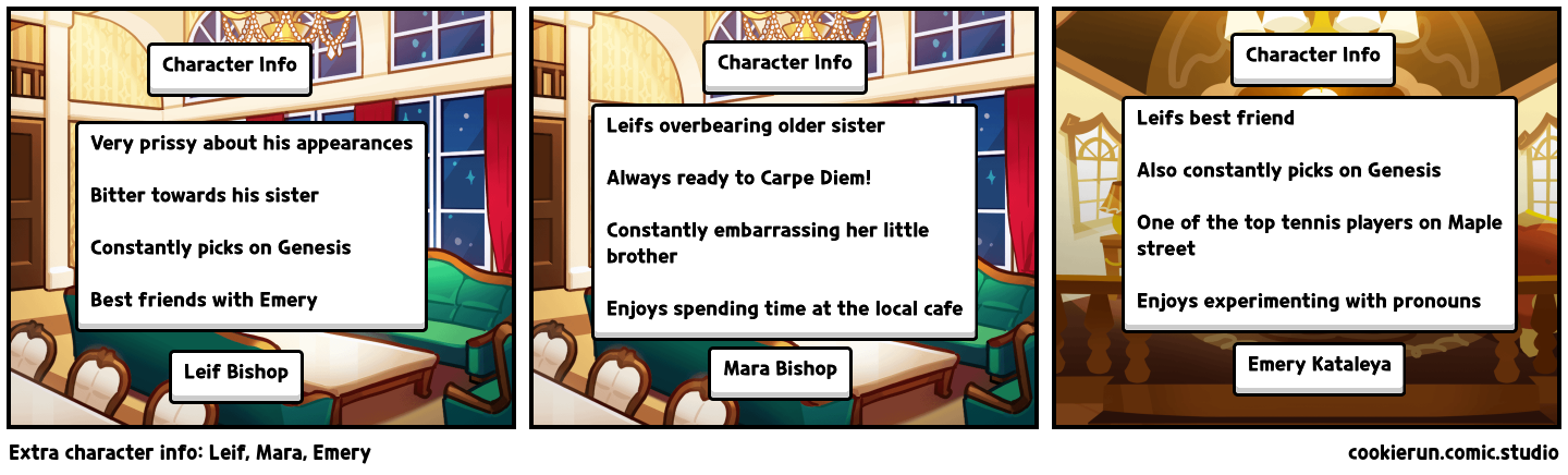 Extra character info: Leif, Mara, Emery