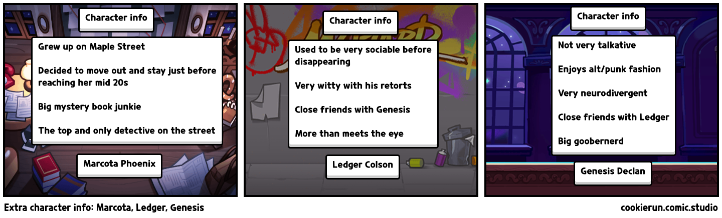 Extra character info: Marcota, Ledger, Genesis